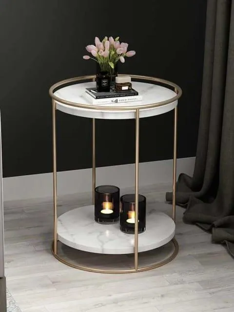 Marble Top 2 Tier Side Table With Storage Shelf | Living Room End Table Golden Color