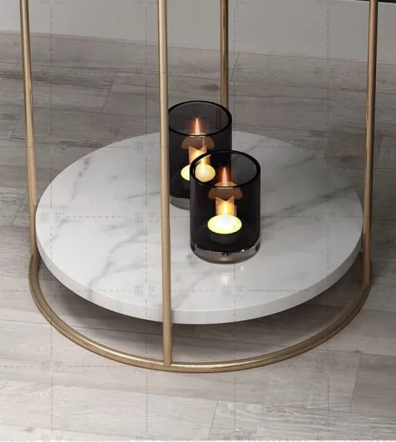 Marble Top 2 Tier Side Table With Storage Shelf | Living Room End Table Golden Color