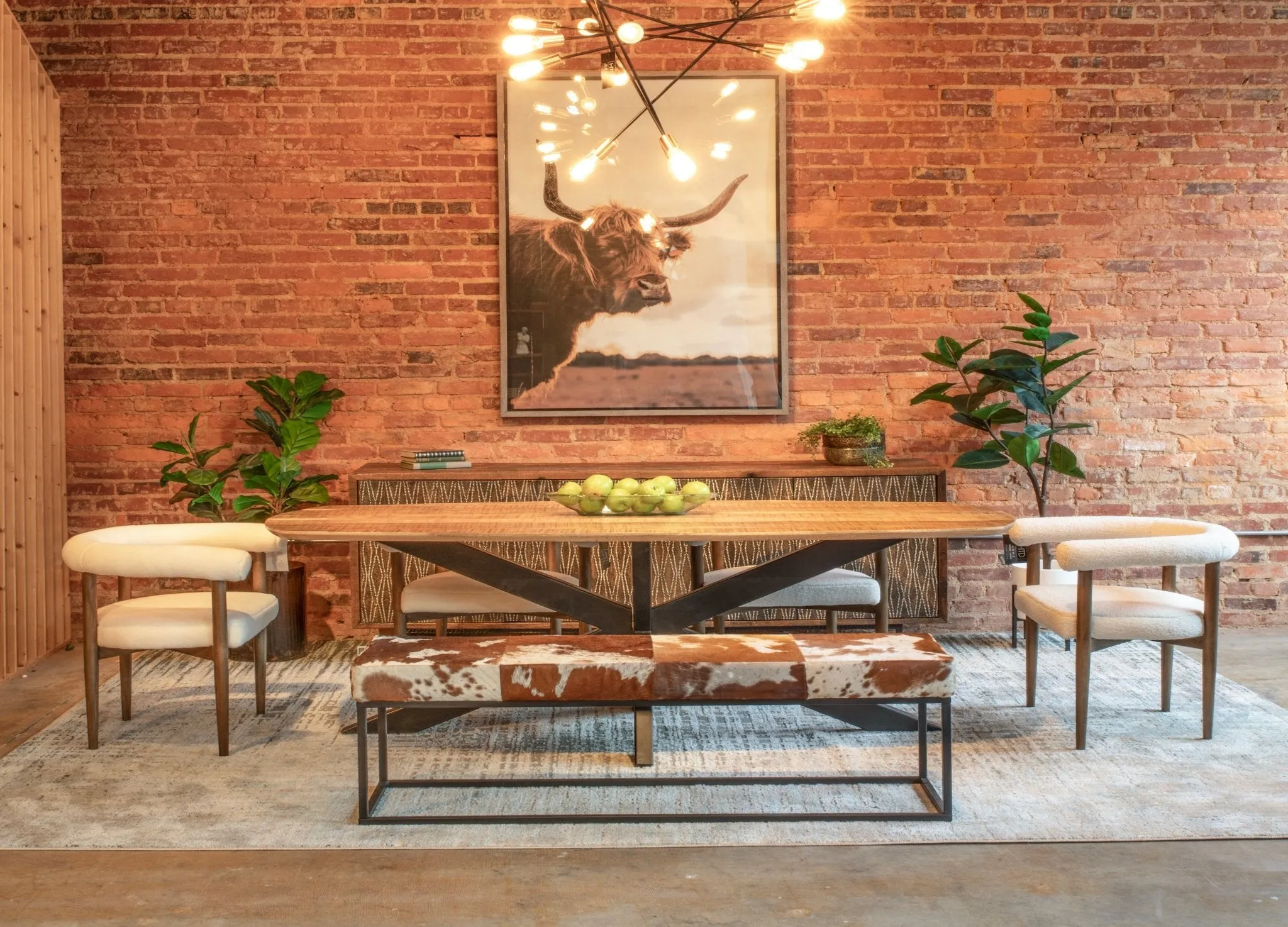 Melbourne 54" Iron and Brown Cowhide Leather Bench