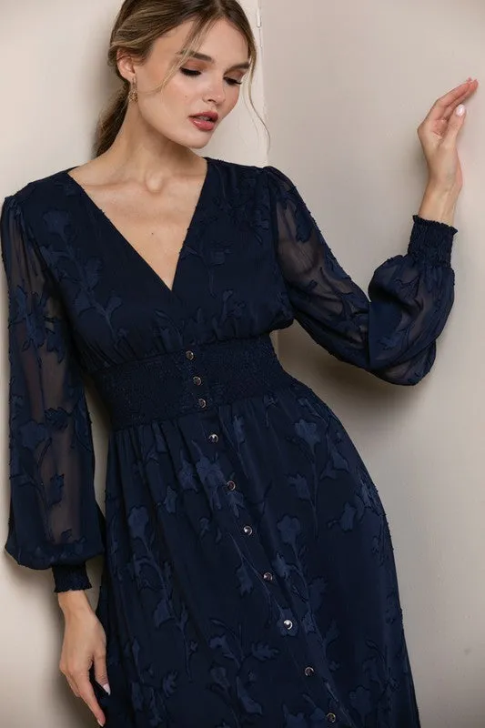 Navy Blue Burn Out Floral Shaped High-low Maxi Dress