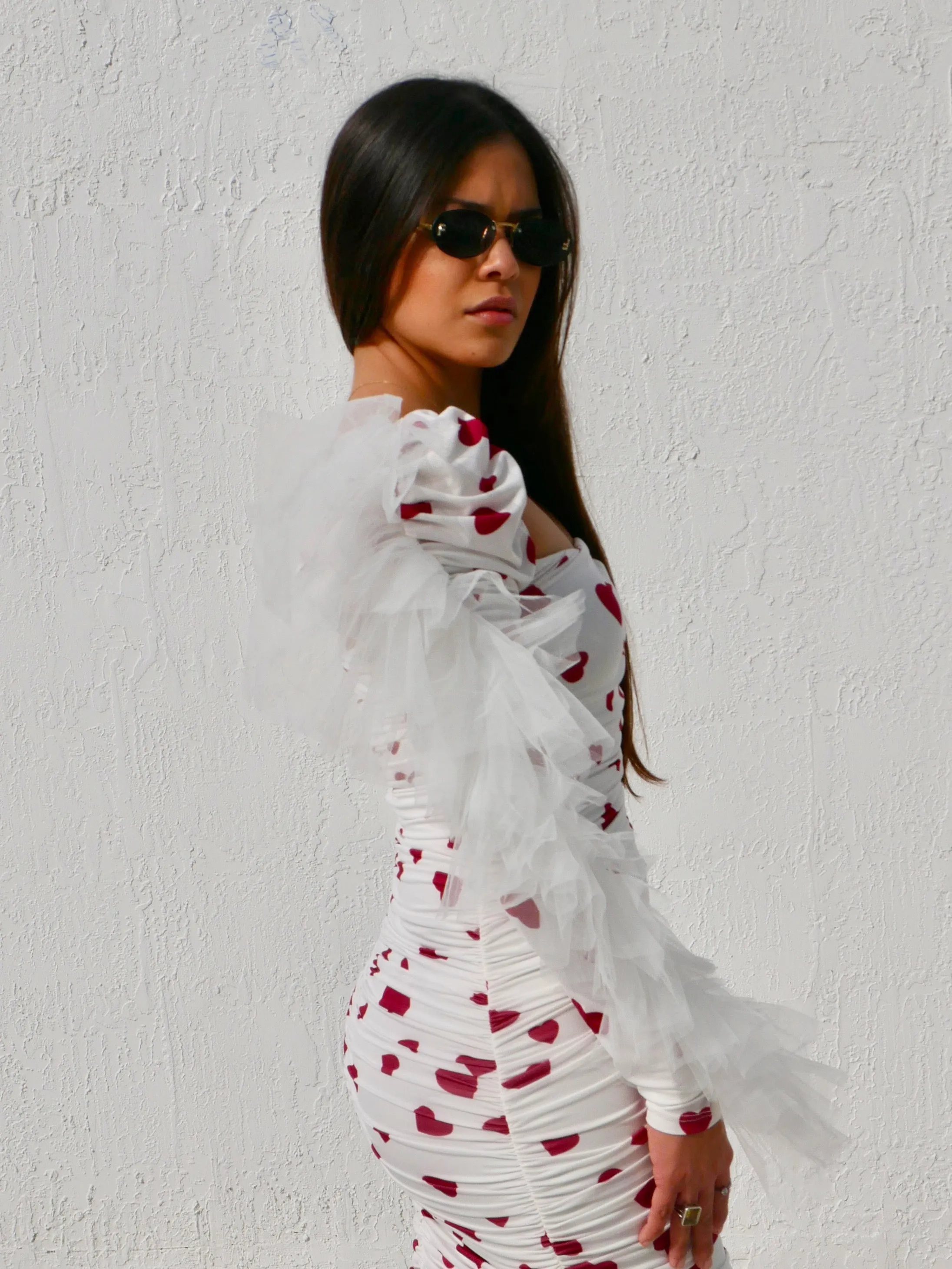 New Women's Cute Valentine's Dress With Red Hearts and Tulle Sleeve