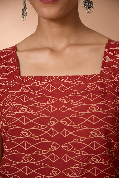 Okhai "Pisces Love" Hand Embroidered Handblock Printed Fish Print Pure Cotton Sleeveless Kurta