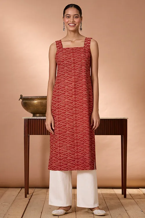 Okhai "Pisces Love" Hand Embroidered Handblock Printed Fish Print Pure Cotton Sleeveless Kurta