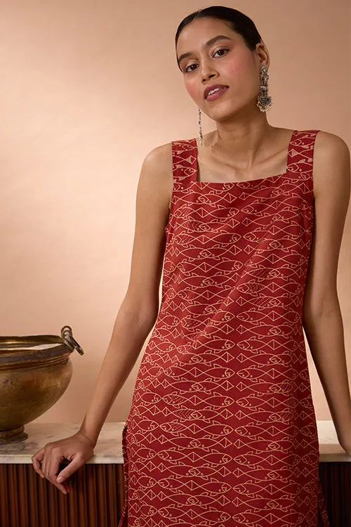 Okhai "Pisces Love" Hand Embroidered Handblock Printed Fish Print Pure Cotton Sleeveless Kurta