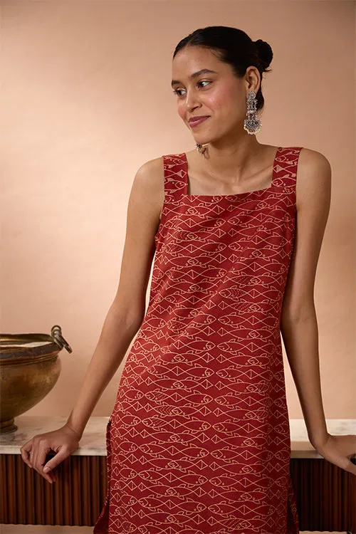 Okhai "Pisces Love" Hand Embroidered Handblock Printed Fish Print Pure Cotton Sleeveless Kurta