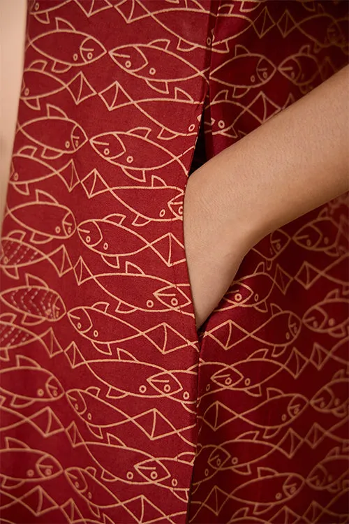 Okhai "Pisces Love" Hand Embroidered Handblock Printed Fish Print Pure Cotton Sleeveless Kurta