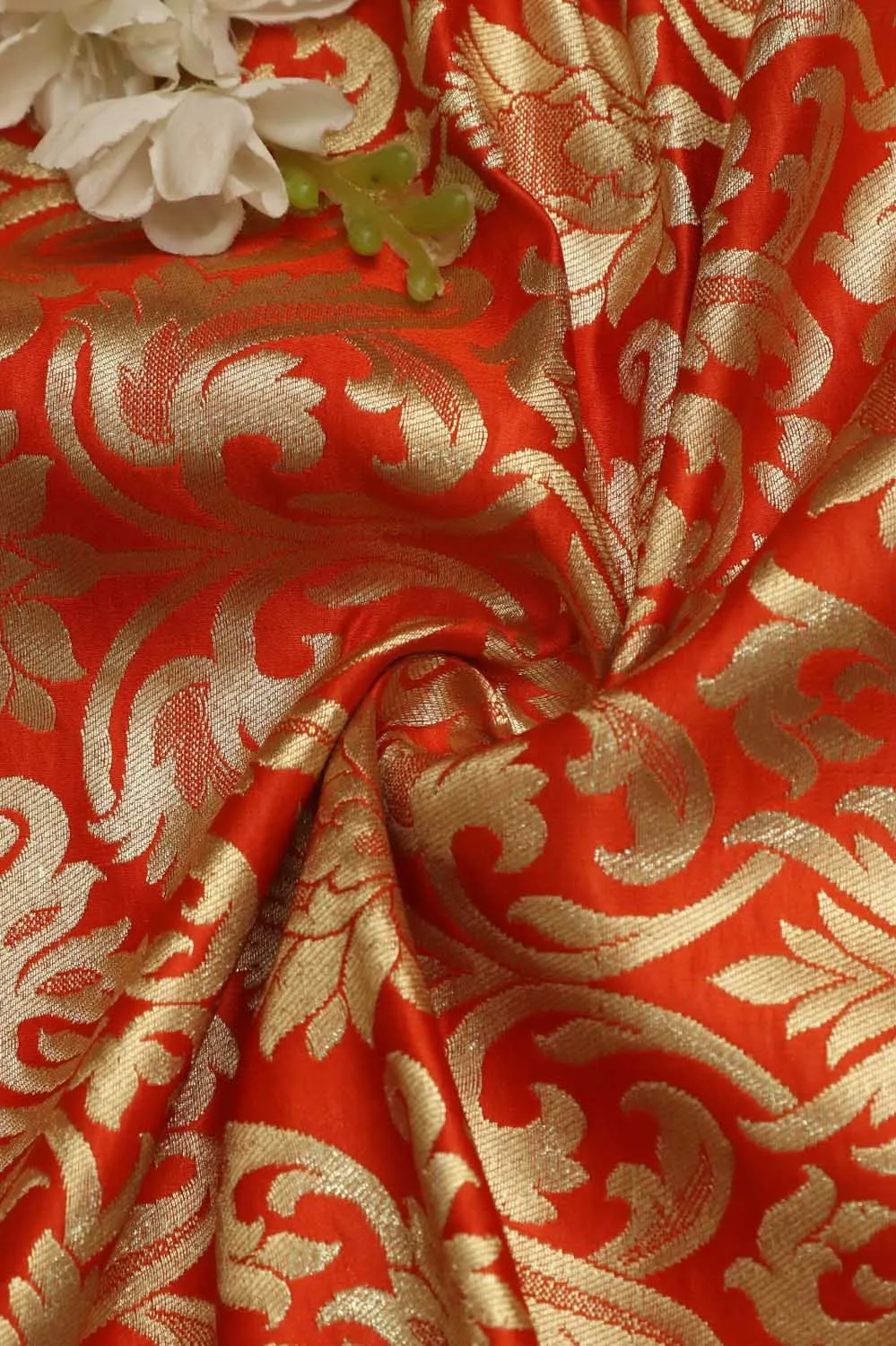 Orange Banarasi Kimkhwab Silk Fabric - Luxurious Elegance ( 1 Mtr )