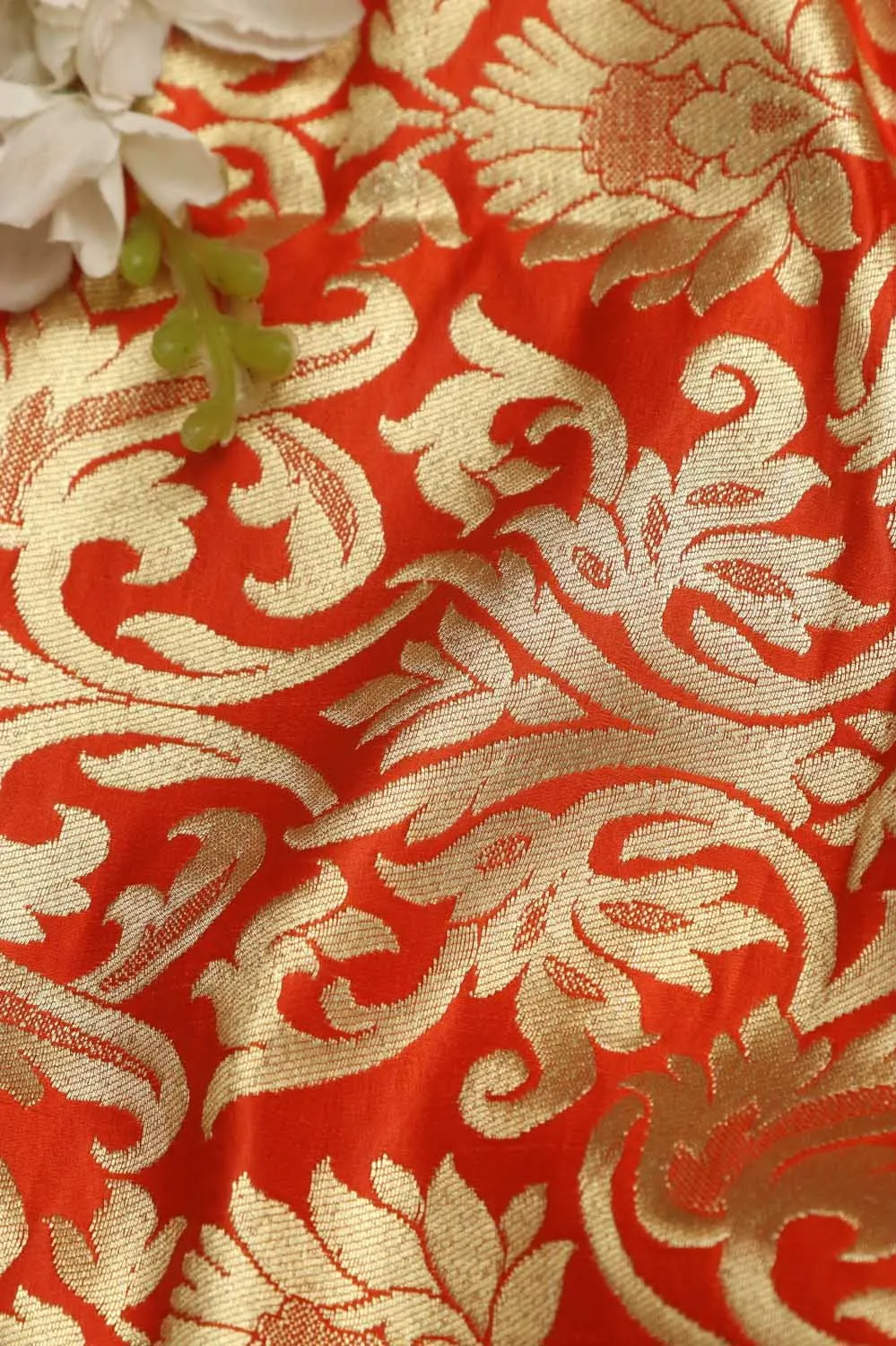 Orange Banarasi Kimkhwab Silk Fabric - Luxurious Elegance ( 1 Mtr )