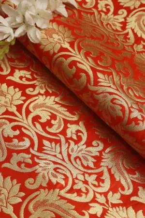 Orange Banarasi Kimkhwab Silk Fabric - Luxurious Elegance ( 1 Mtr )
