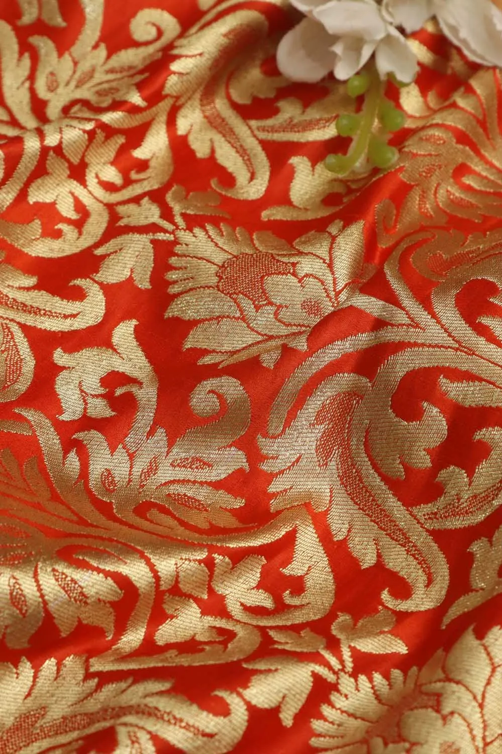Orange Banarasi Kimkhwab Silk Fabric - Luxurious Elegance ( 1 Mtr )