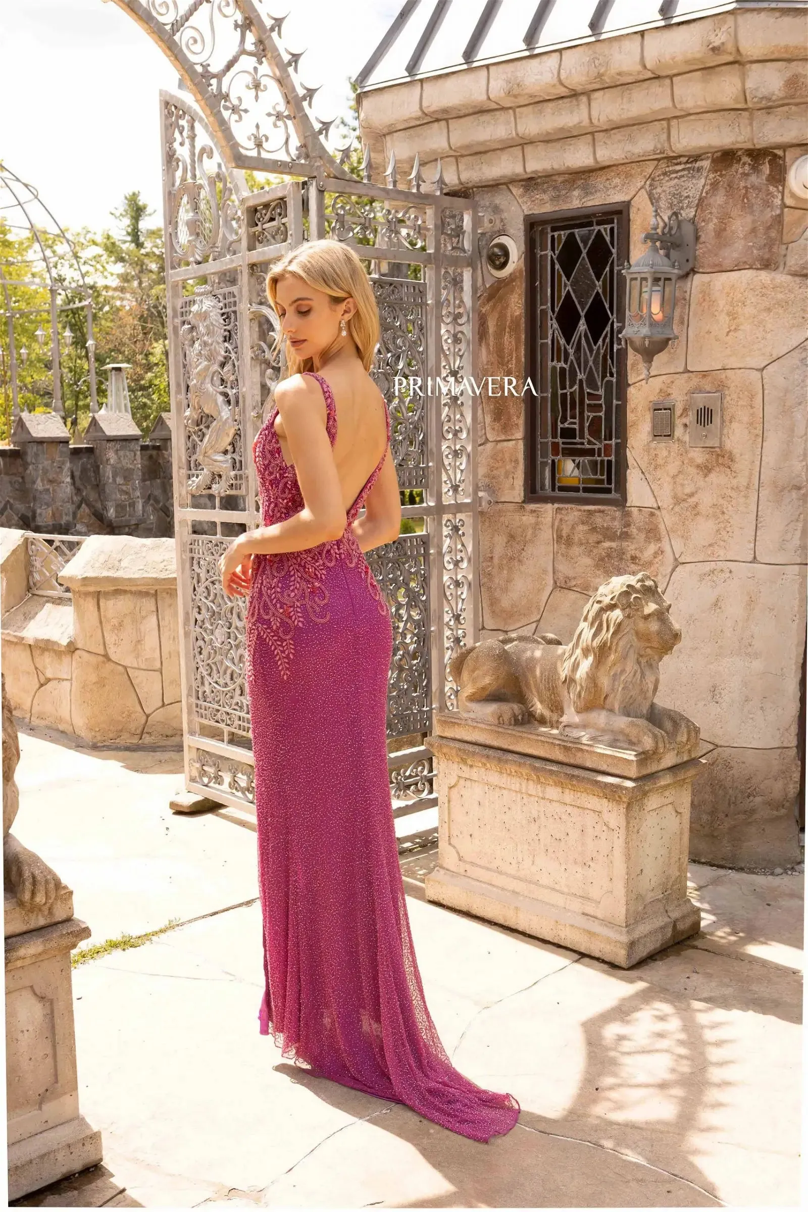 Primavera Couture 3923 Size 2 Fuchsia Long Beaded Formal Prom Dress V Neck Evening Gown Slit