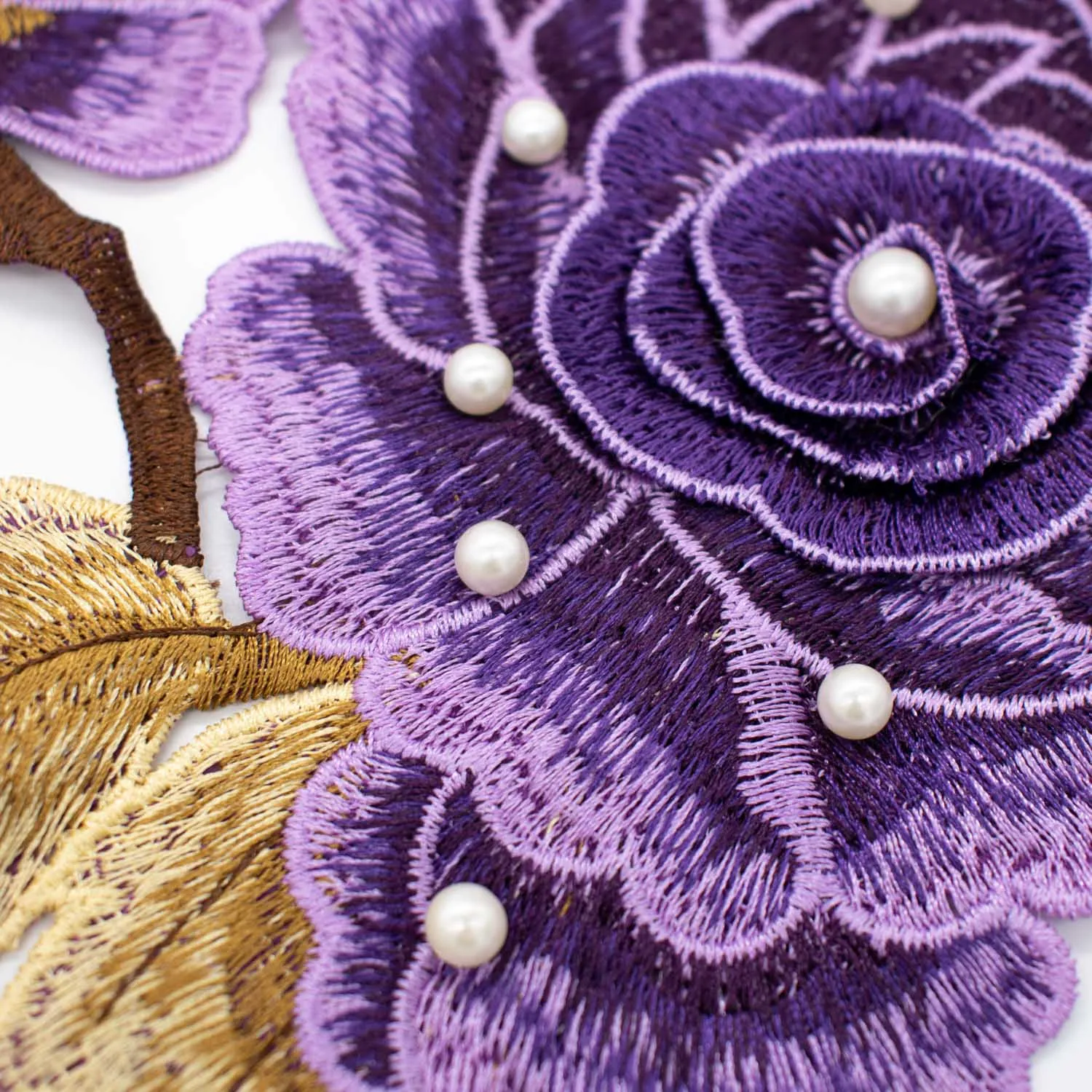Purple Flower & Pearl Embroidered Applique Motif Design-I-44