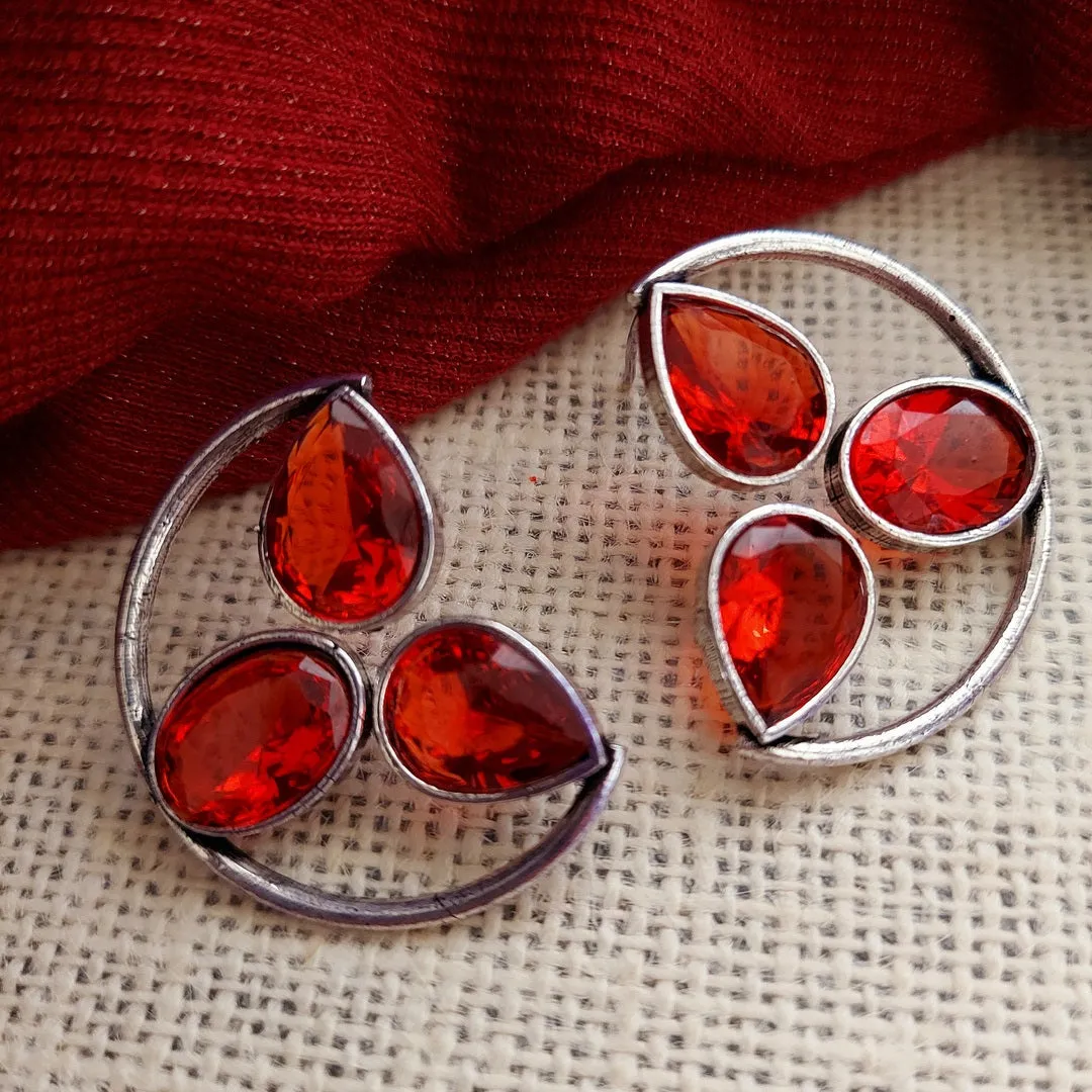 Radiant Love: Bright Red Stone Studded Silver Toned EarRing Stud