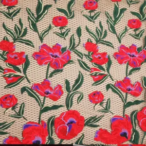 Red and Green Floral Embroidered Tulle Fabric
