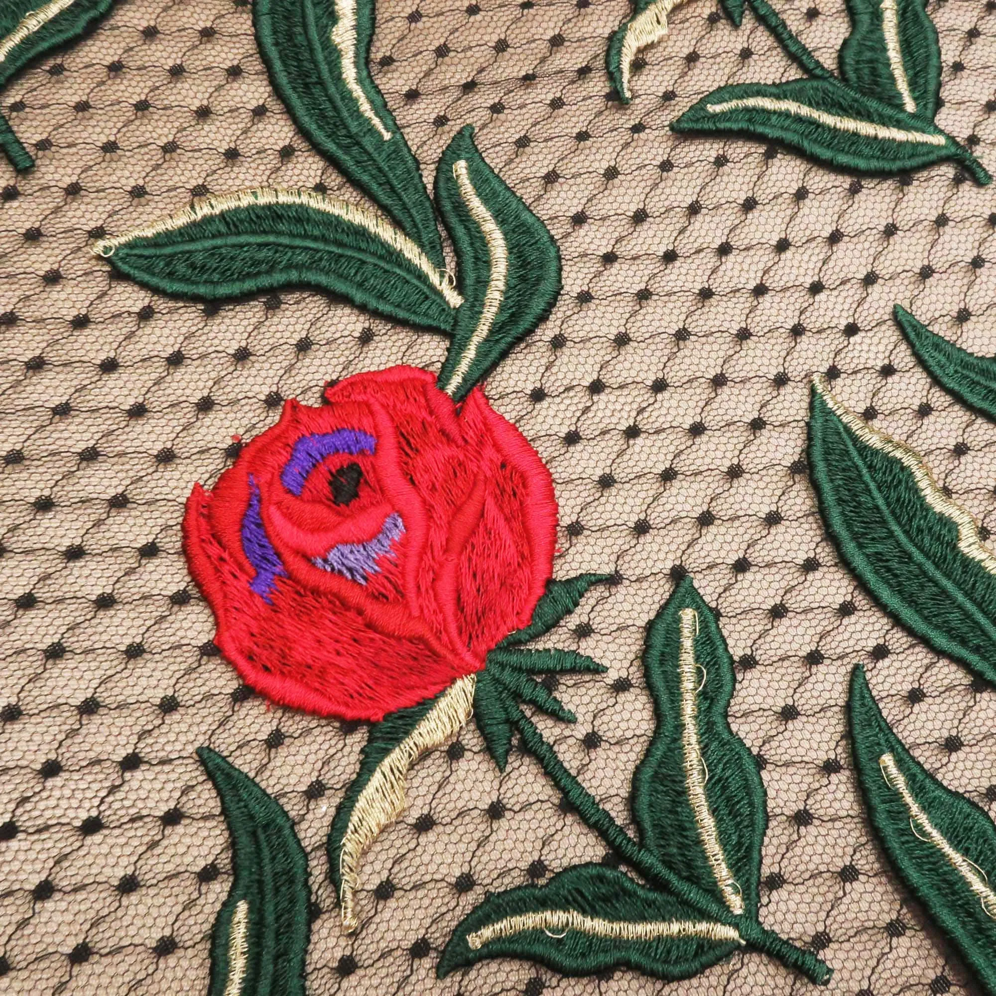 Red and Green Floral Embroidered Tulle Fabric