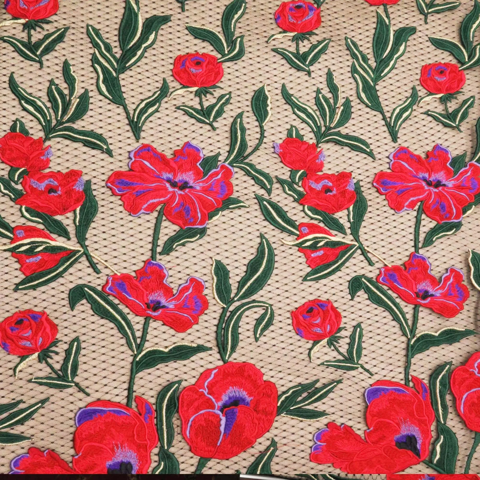 Red and Green Floral Embroidered Tulle Fabric