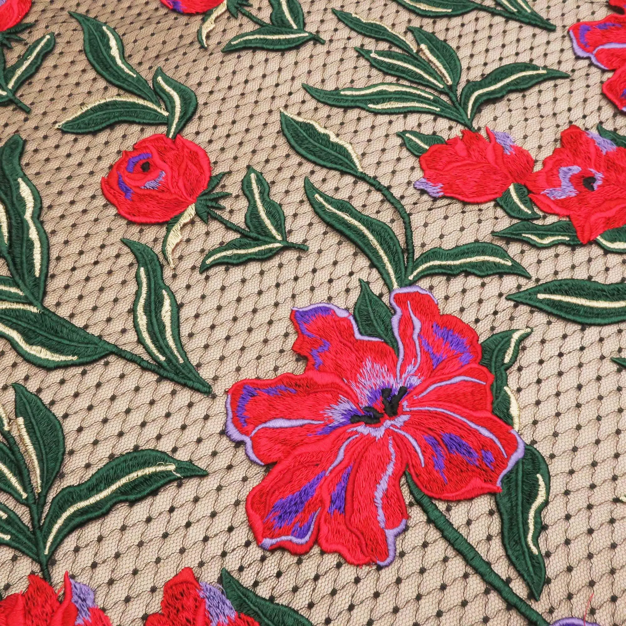 Red and Green Floral Embroidered Tulle Fabric