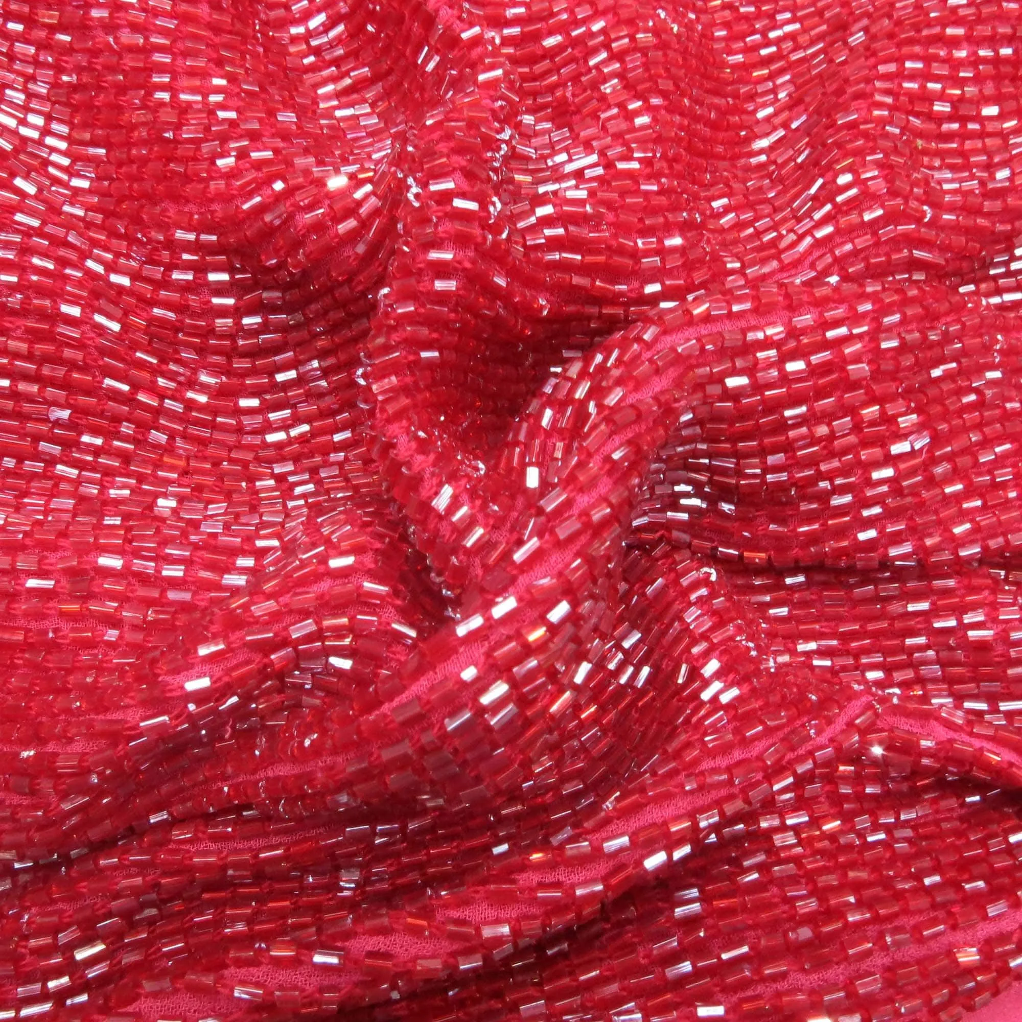 Red Bugle Bead On Silk Georgette Ground Fabric