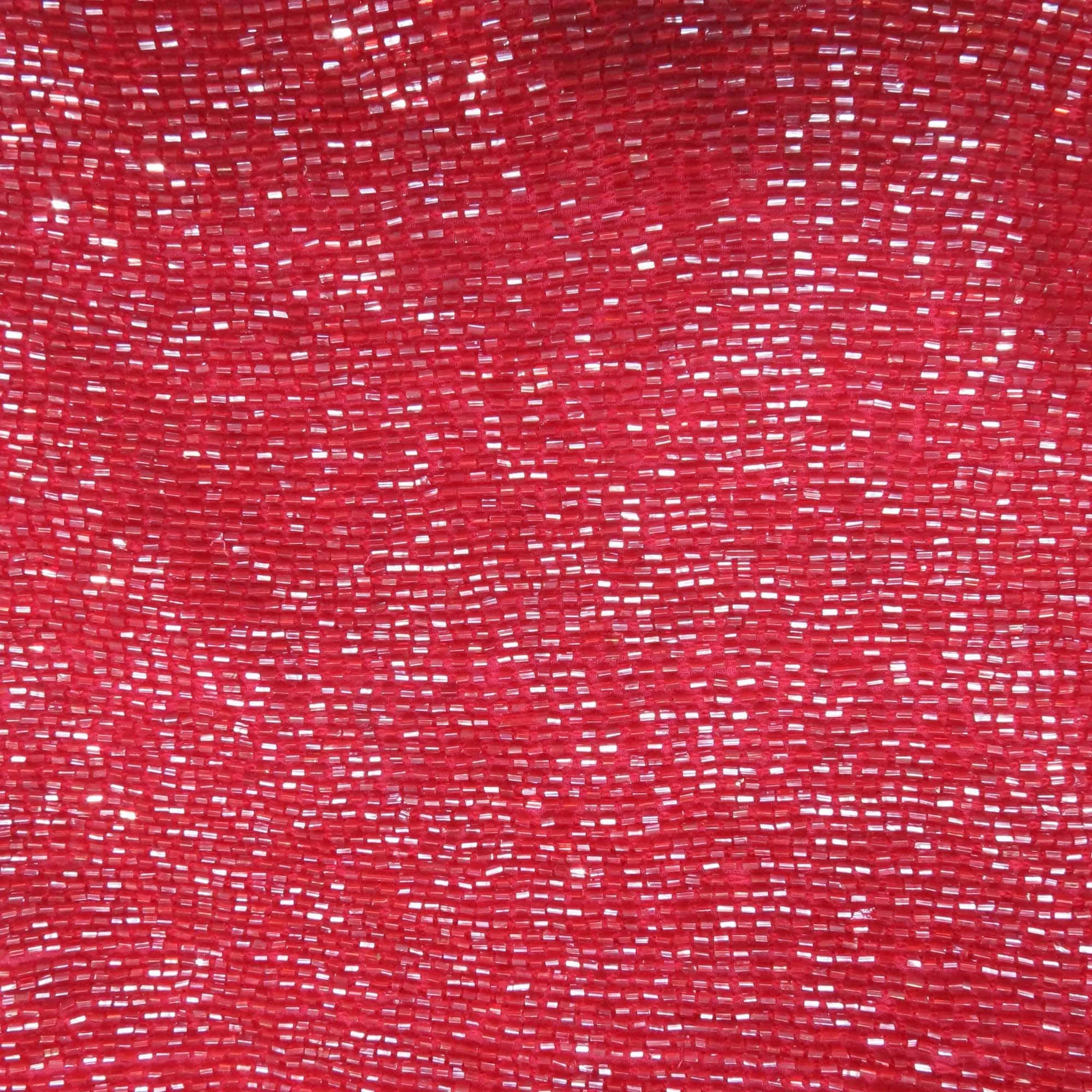 Red Bugle Bead On Silk Georgette Ground Fabric