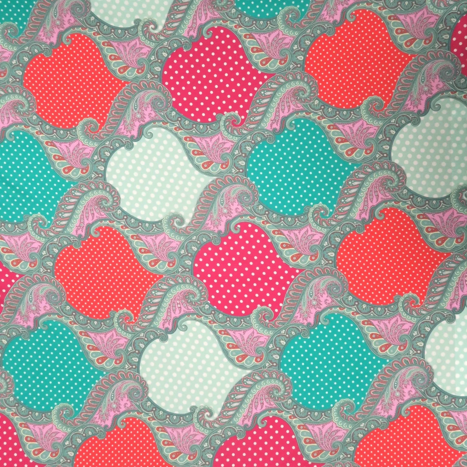 Red Fuchsia and Green Abstract with Polka Dots Printed Silk Charmeuse Fabric