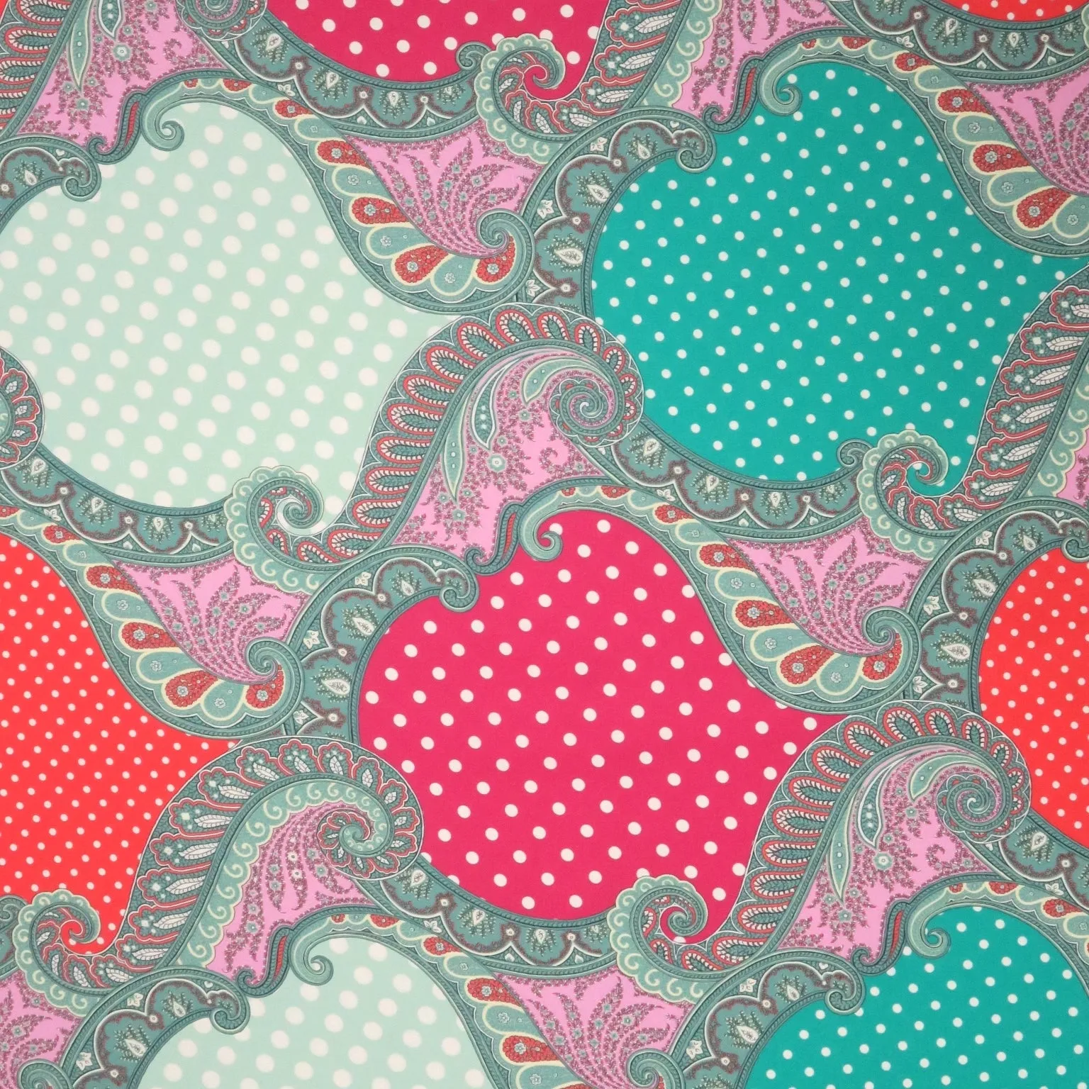 Red Fuchsia and Green Abstract with Polka Dots Printed Silk Charmeuse Fabric