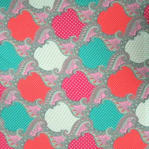 Red Fuchsia and Green Abstract with Polka Dots Printed Silk Charmeuse Fabric
