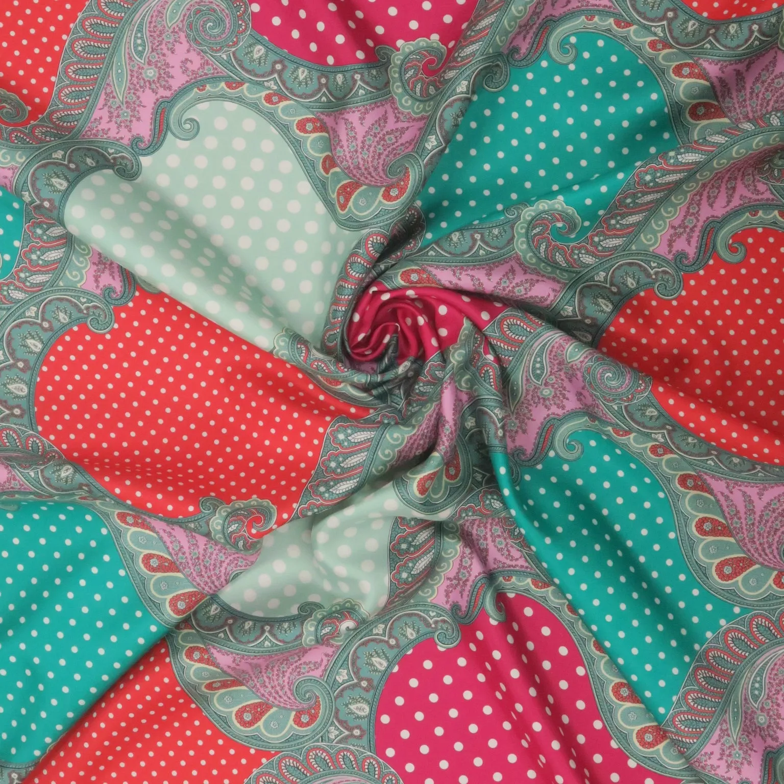 Red Fuchsia and Green Abstract with Polka Dots Printed Silk Charmeuse Fabric