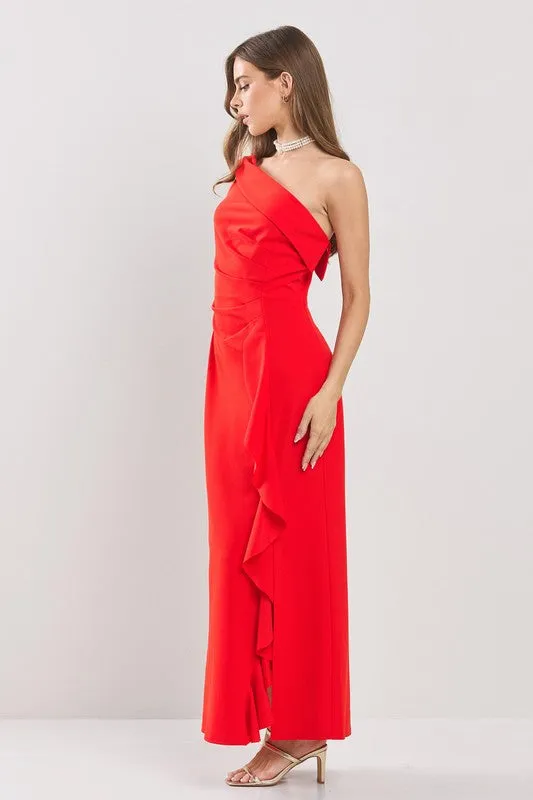 Red One Shoulder Side Dropped Ruffles Maxi Dress