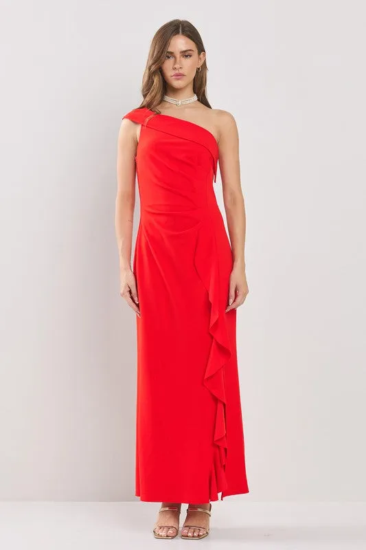 Red One Shoulder Side Dropped Ruffles Maxi Dress