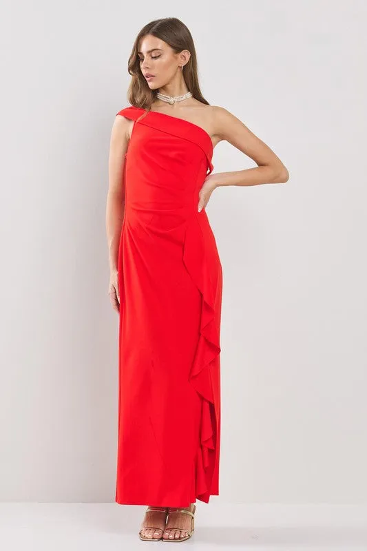 Red One Shoulder Side Dropped Ruffles Maxi Dress