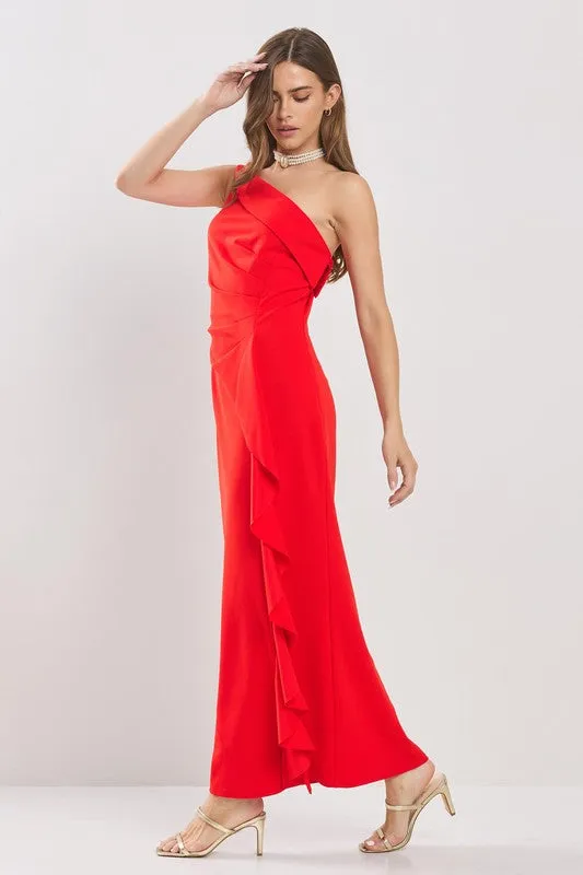 Red One Shoulder Side Dropped Ruffles Maxi Dress