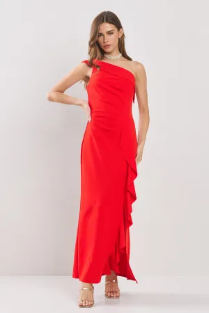 Red One Shoulder Side Dropped Ruffles Maxi Dress