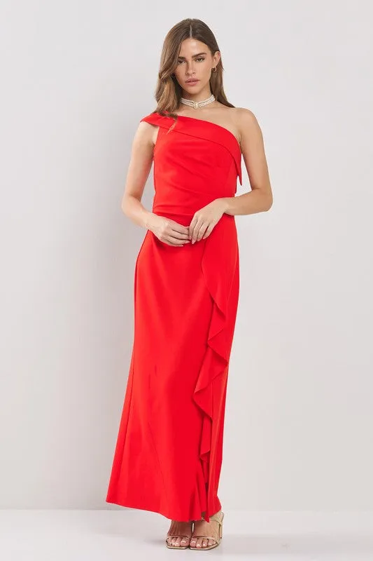 Red One Shoulder Side Dropped Ruffles Maxi Dress