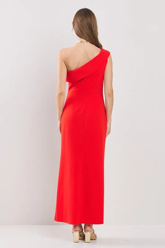Red One Shoulder Side Dropped Ruffles Maxi Dress