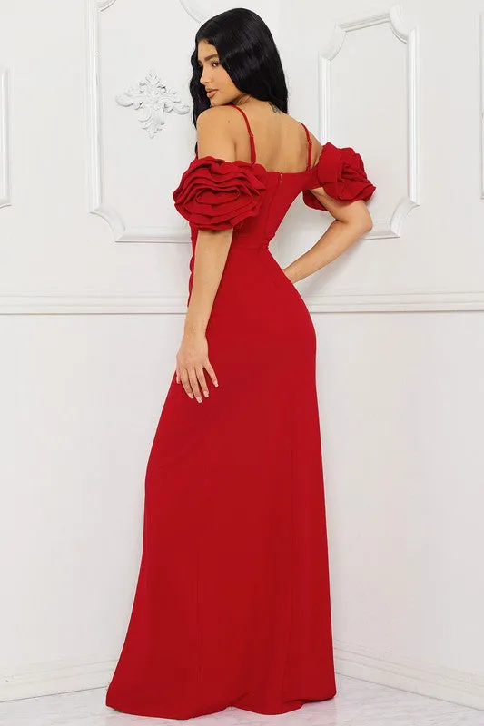 Red Ruffle Round Flower Shoudler Maxi Dress