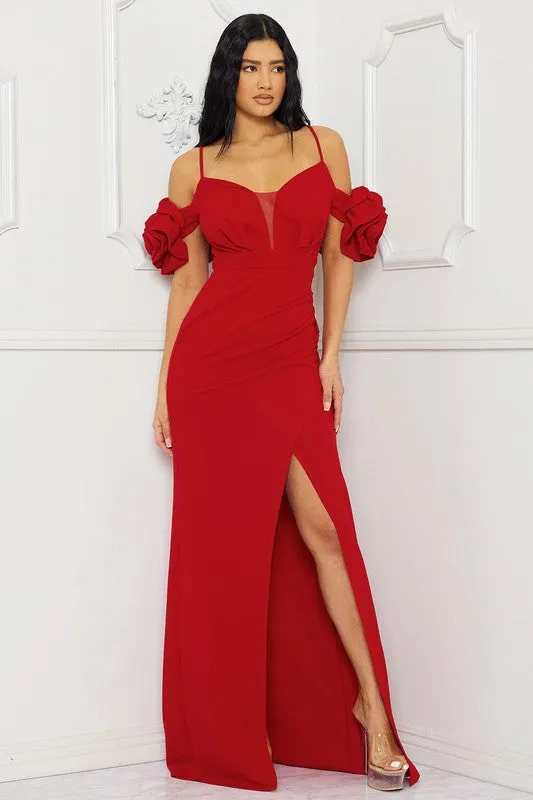 Red Ruffle Round Flower Shoudler Maxi Dress