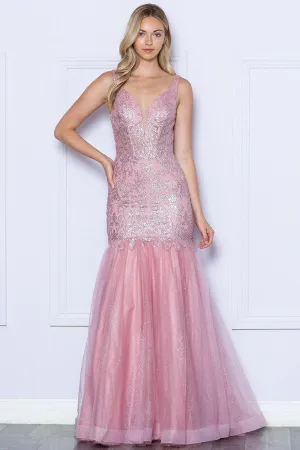 Rose Gold Deep V Neck Sequin/Glitter Embellished Mermaid Dress