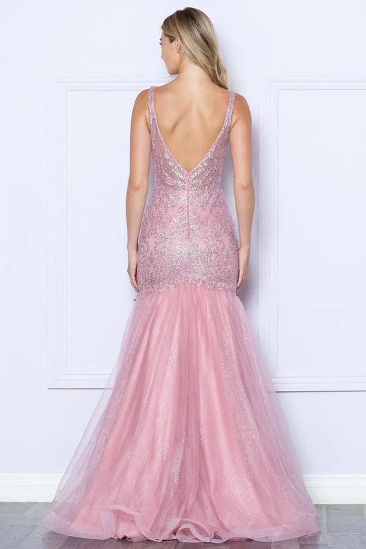 Rose Gold Deep V Neck Sequin/Glitter Embellished Mermaid Dress