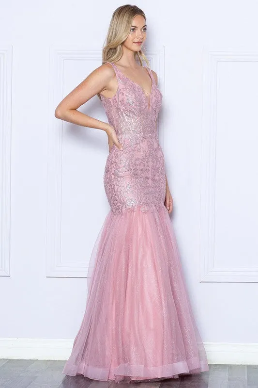 Rose Gold Deep V Neck Sequin/Glitter Embellished Mermaid Dress