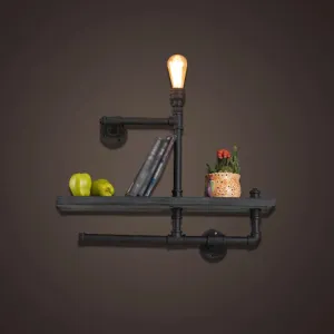 Rustic Iron Wall Lamp with Water Pipe Shelf for Restaurants - Black Finish