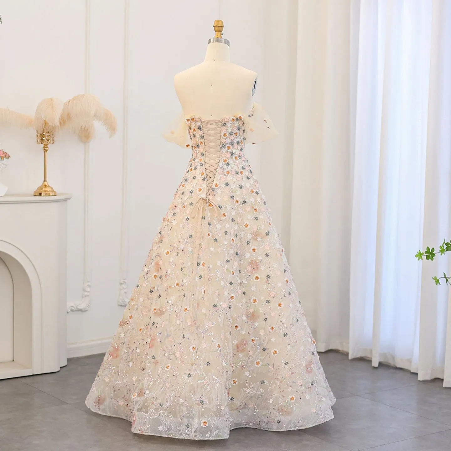Sharon Said Embroidery Long Evening Dresses Garden Floral Flower Organza A-line Formal Prom Dress for Women Party SS505