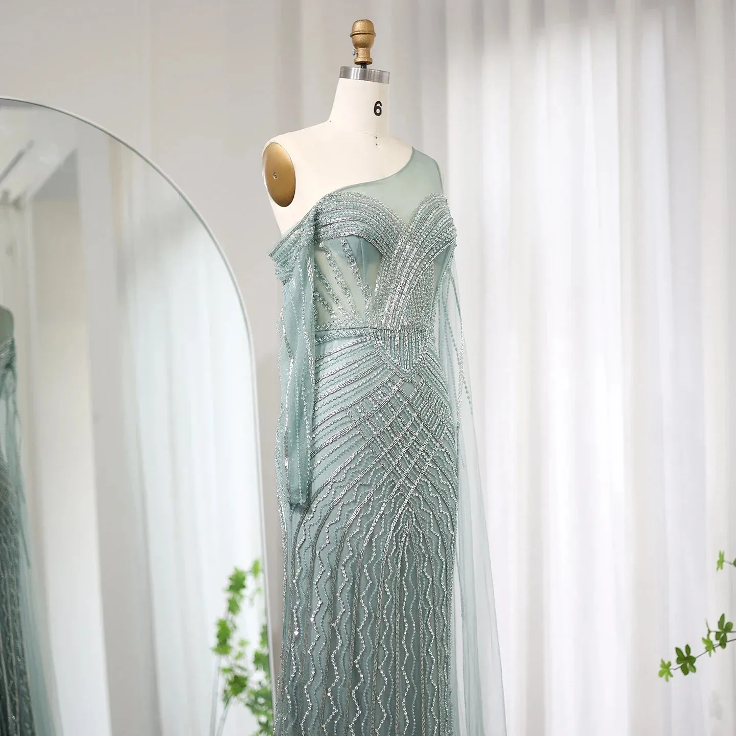 Sharon Said Saudi Arabia One Shoulder Mermaid Lilac Evening Dress with Cape Sleeve Luxury Sage Green Wedding Party Gowns SS277