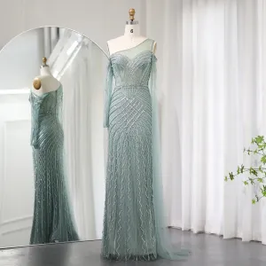 Sharon Said Saudi Arabia One Shoulder Mermaid Lilac Evening Dress with Cape Sleeve Luxury Sage Green Wedding Party Gowns SS277