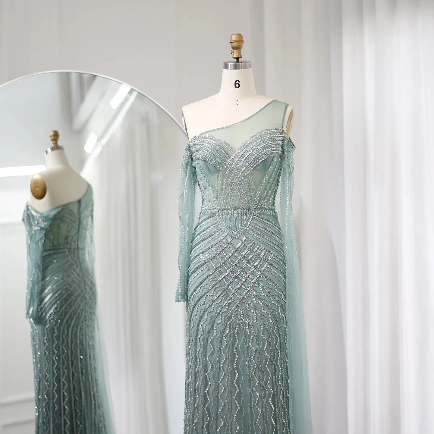 Sharon Said Saudi Arabia One Shoulder Mermaid Lilac Evening Dress with Cape Sleeve Luxury Sage Green Wedding Party Gowns SS277