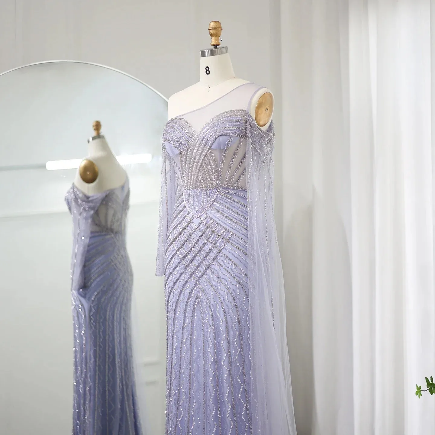 Sharon Said Saudi Arabia One Shoulder Mermaid Lilac Evening Dress with Cape Sleeve Luxury Sage Green Wedding Party Gowns SS277