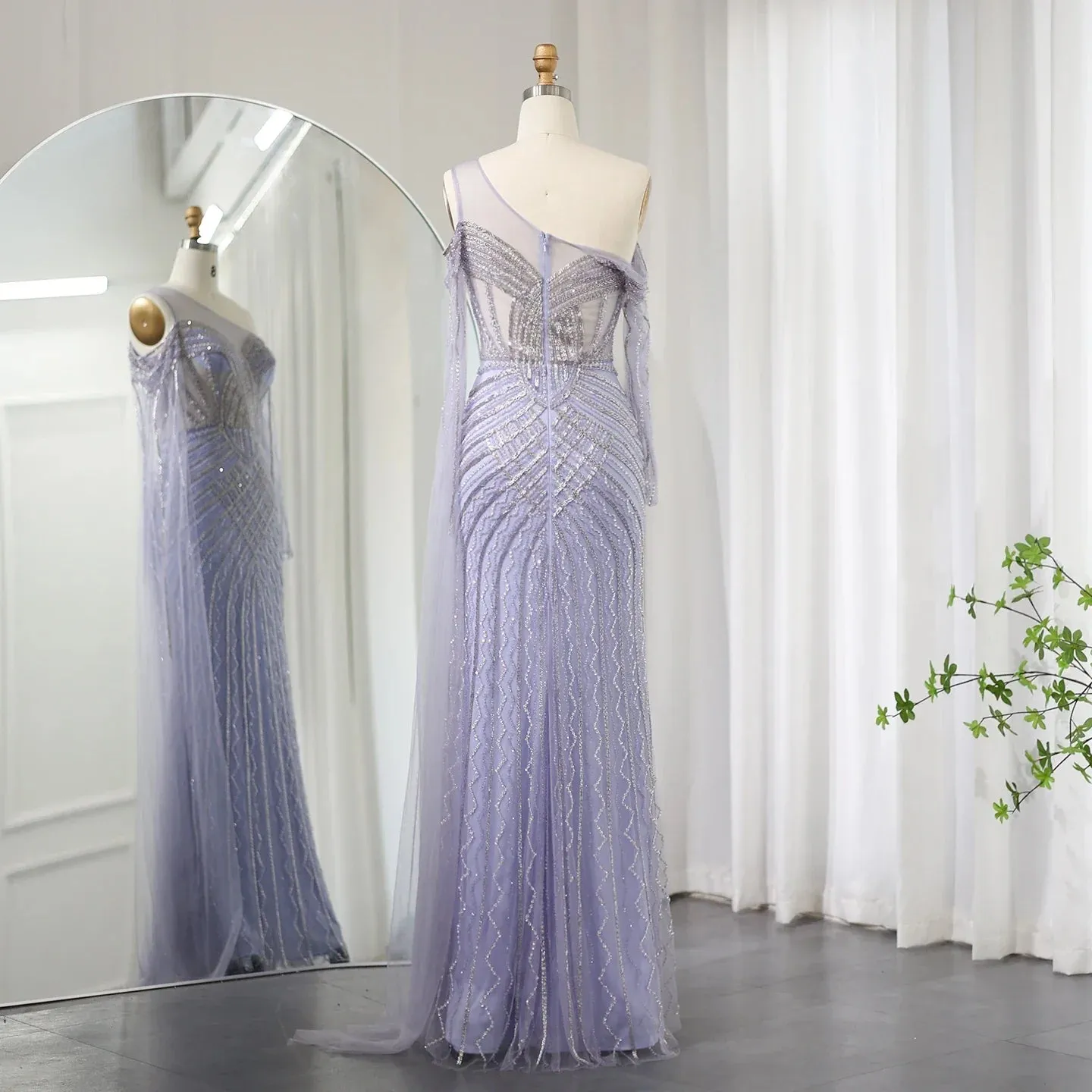 Sharon Said Saudi Arabia One Shoulder Mermaid Lilac Evening Dress with Cape Sleeve Luxury Sage Green Wedding Party Gowns SS277