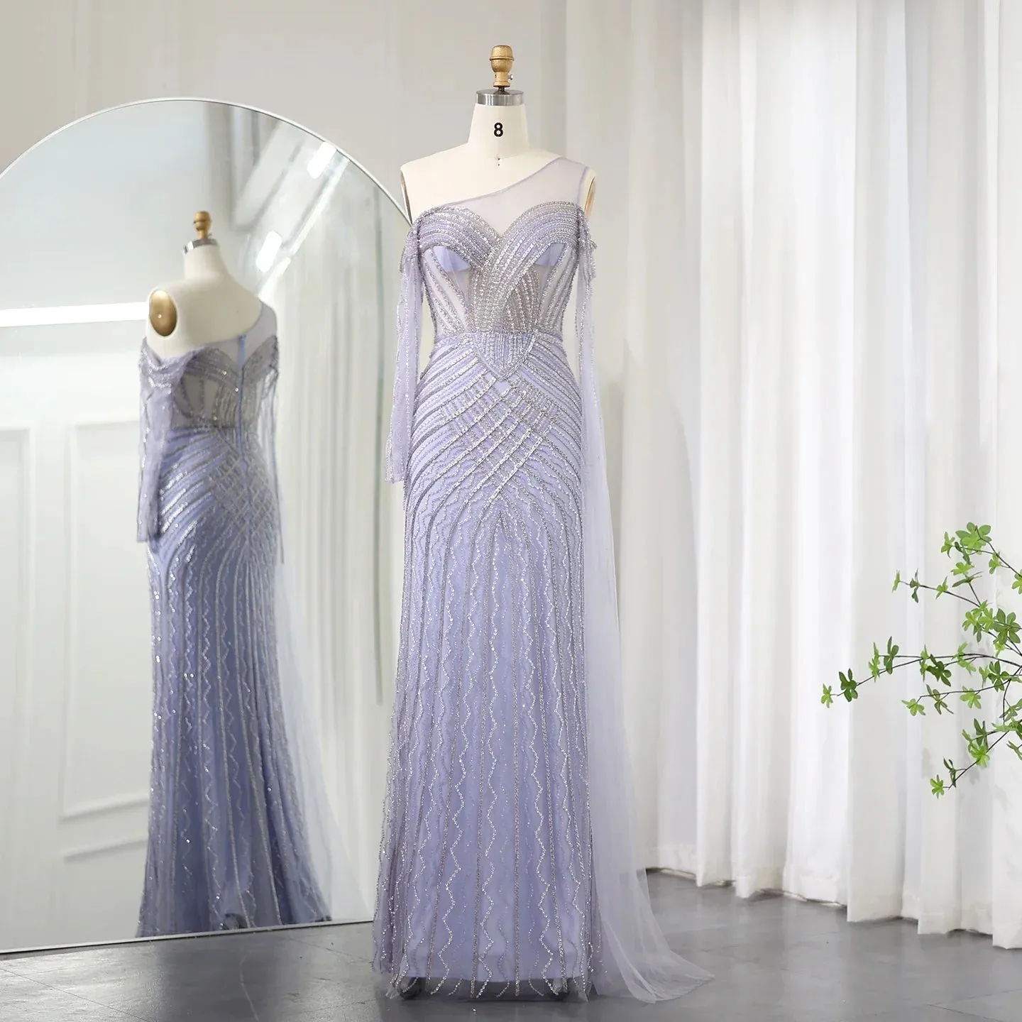 Sharon Said Saudi Arabia One Shoulder Mermaid Lilac Evening Dress with Cape Sleeve Luxury Sage Green Wedding Party Gowns SS277