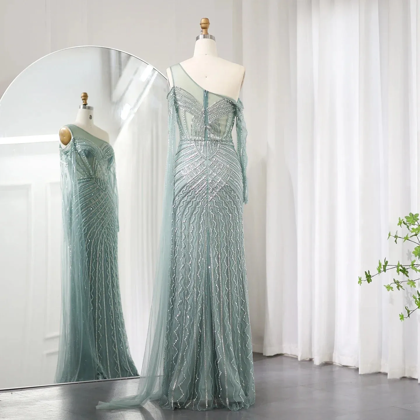 Sharon Said Saudi Arabia One Shoulder Mermaid Lilac Evening Dress with Cape Sleeve Luxury Sage Green Wedding Party Gowns SS277