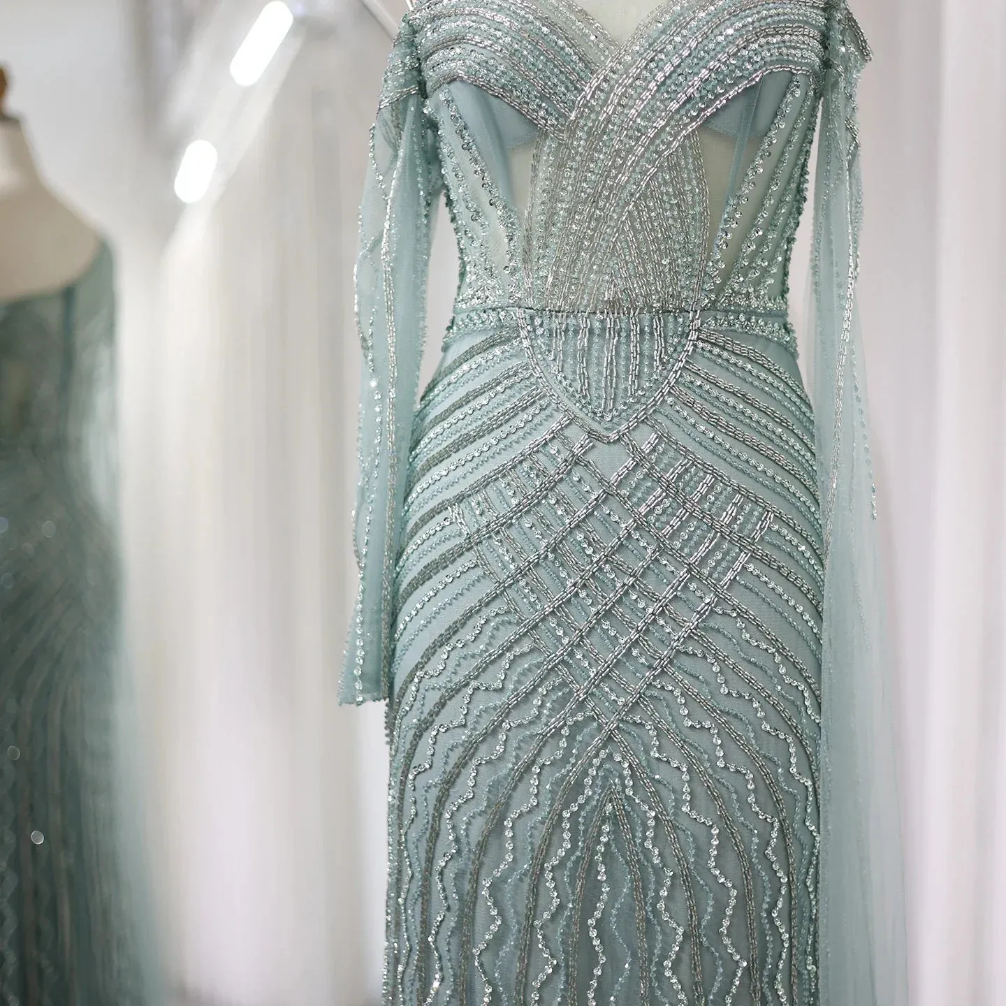 Sharon Said Saudi Arabia One Shoulder Mermaid Lilac Evening Dress with Cape Sleeve Luxury Sage Green Wedding Party Gowns SS277