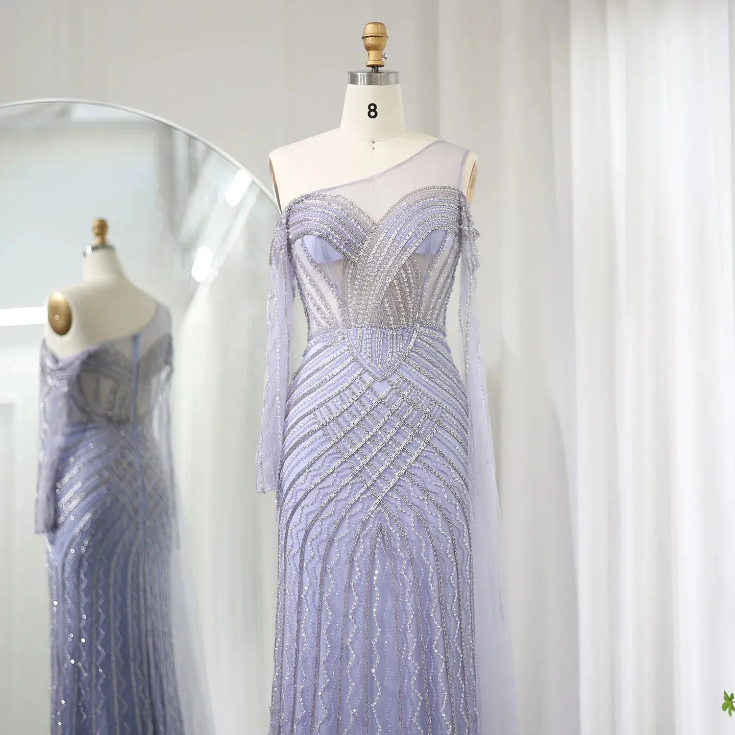 Sharon Said Saudi Arabia One Shoulder Mermaid Lilac Evening Dress with Cape Sleeve Luxury Sage Green Wedding Party Gowns SS277